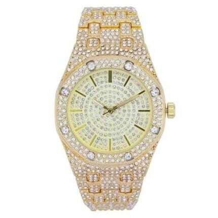 Techno Pave Men's Hip Hop Gold Plated Iced  Metal Band Watches 8651-101A.