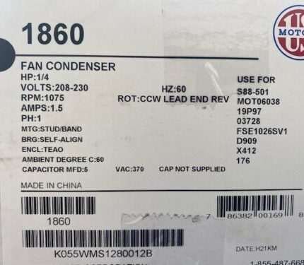 US Motors 1860 Replacement Condenser Fan Motor 1/4 hp 208-230V 1075 RPM / 1876