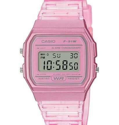 Casio F91WS-4, Digital Chronograph Watch, Pink Jelly Resin Band, Alarm, Date,NEW