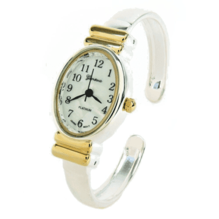 2Tone Small Size Oval Face Metal Band Geneva Women's Bangle Cuff Watch