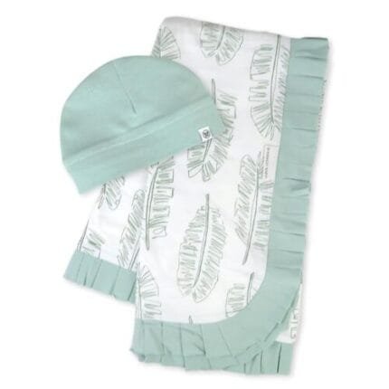 ORGANIC COTTON 2-Piece Knit Stroller Blanket Trim Detail & Baby Hat Sage Green!