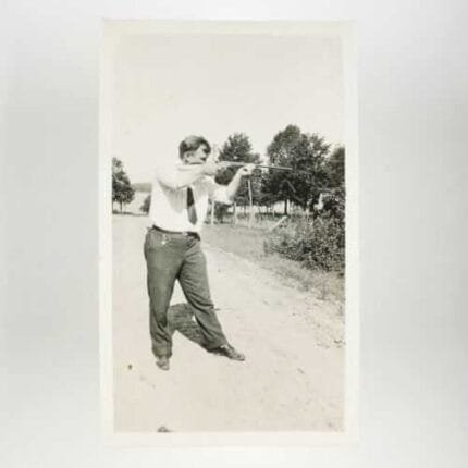 Business Man Shooting Rifle Photo 1920s Vintage Outdoor Gun Found Snapshot A2807