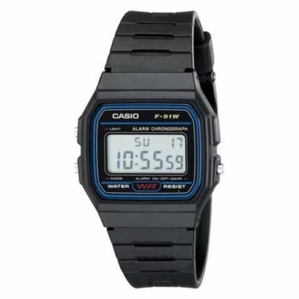 Casio F91W-1, Digital Chronograph Watch, Black Resin Band, Alarm, Date