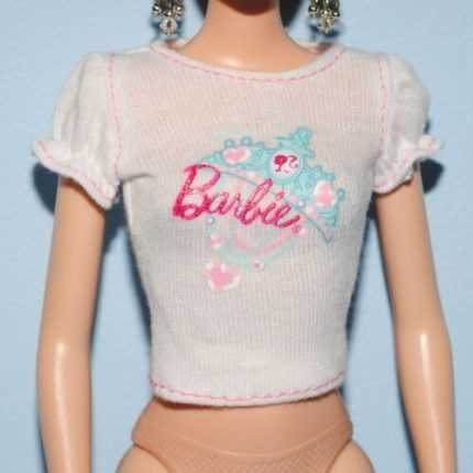 Genuine Barbie Short Sleeve White Shirt Top w/ Aqua Blue & Pink Crown Design