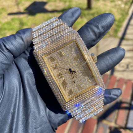 Full Iced Ice Out Band Luxury Bling Gold Finish Simulated Diamond Bracelet Watch