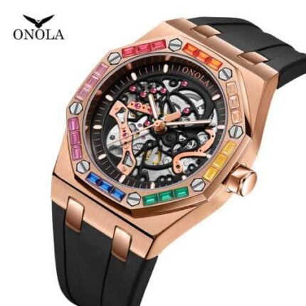 ONOLA Rainbow CZ Hollow Casual Waterproof Luminous Automatic Mechanical Watch