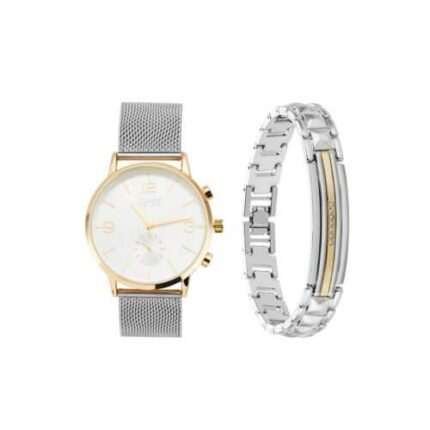 Jones New York Men's Analog Silver Tone Watch and Bracelet Set 42mm